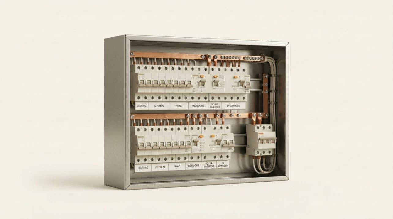 A modern electrical switchboard: neat rows of circuit breakers, safety switches and copper busbars, every circuit labeled